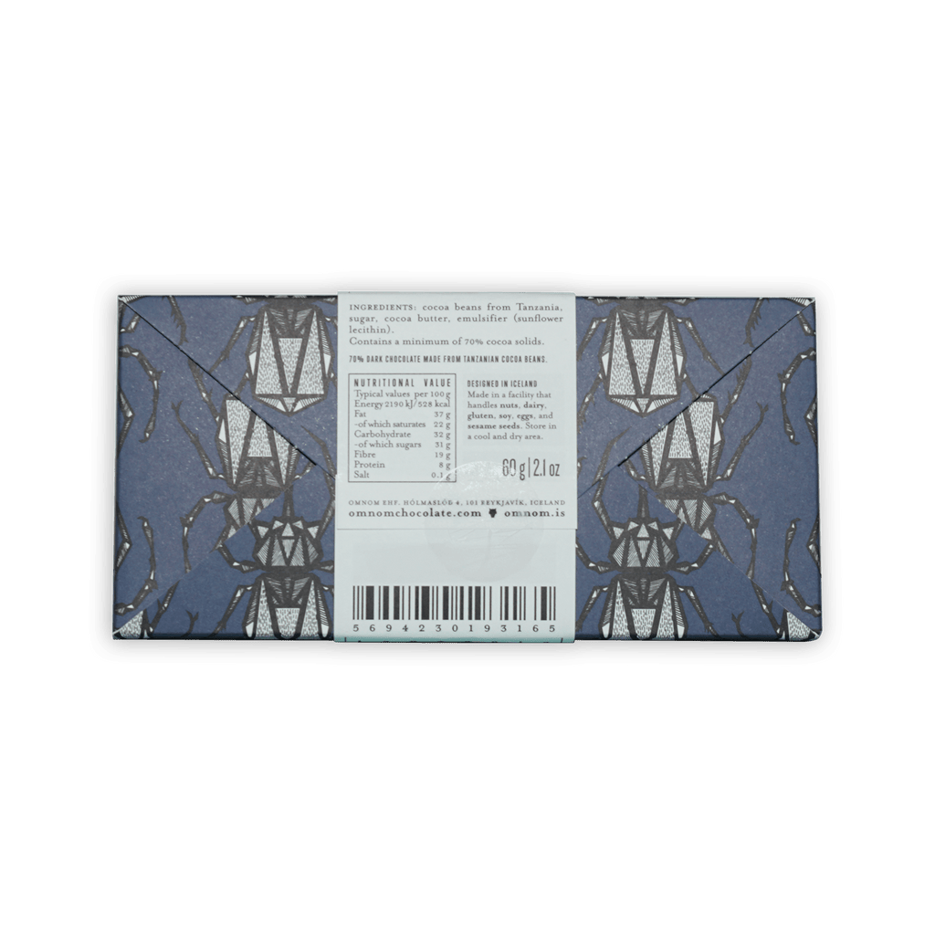 Omnom Tanzania 70% dark blue chocolate bar wrapper with silver lanterns