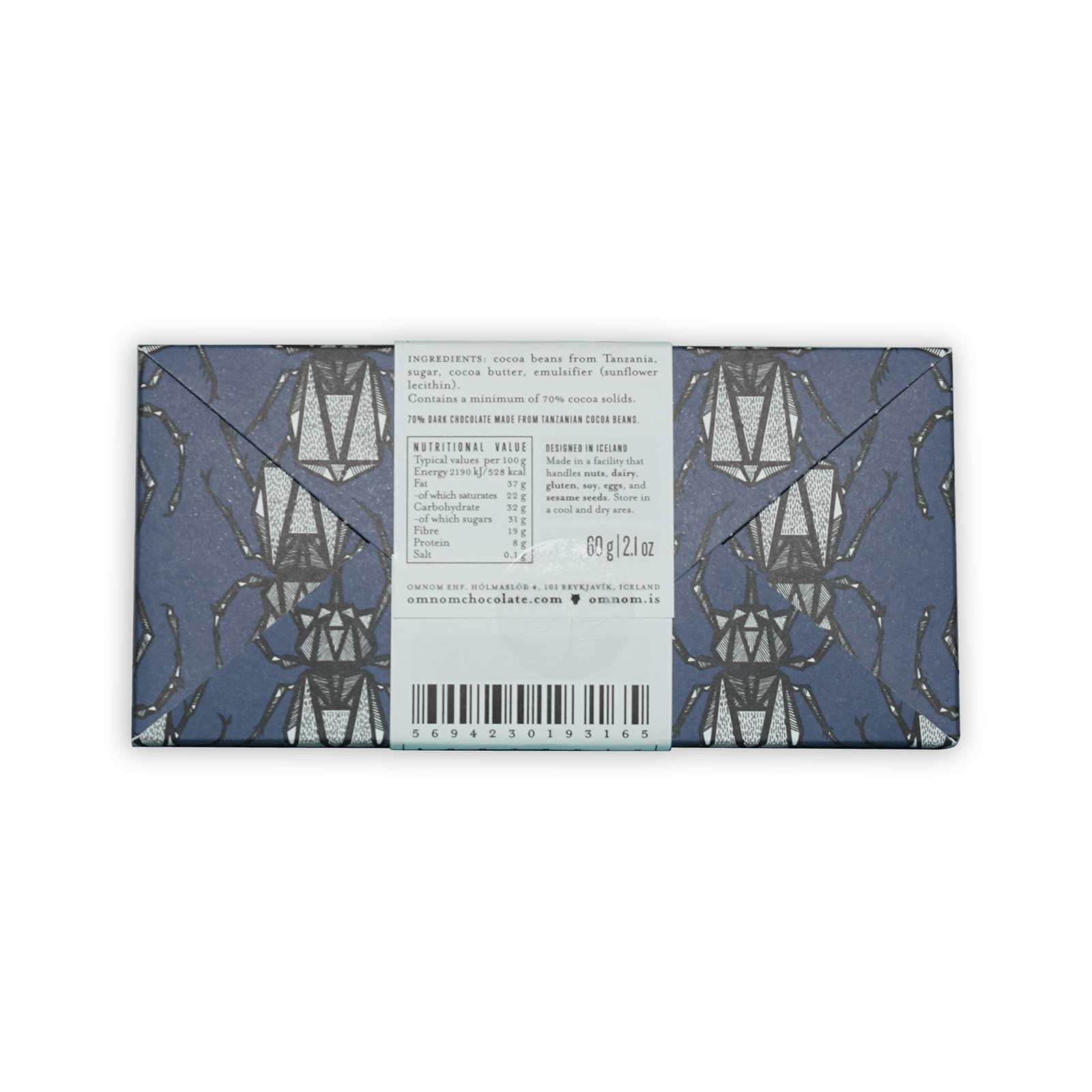 Omnom Tanzania 70% dark blue chocolate bar wrapper with silver lanterns