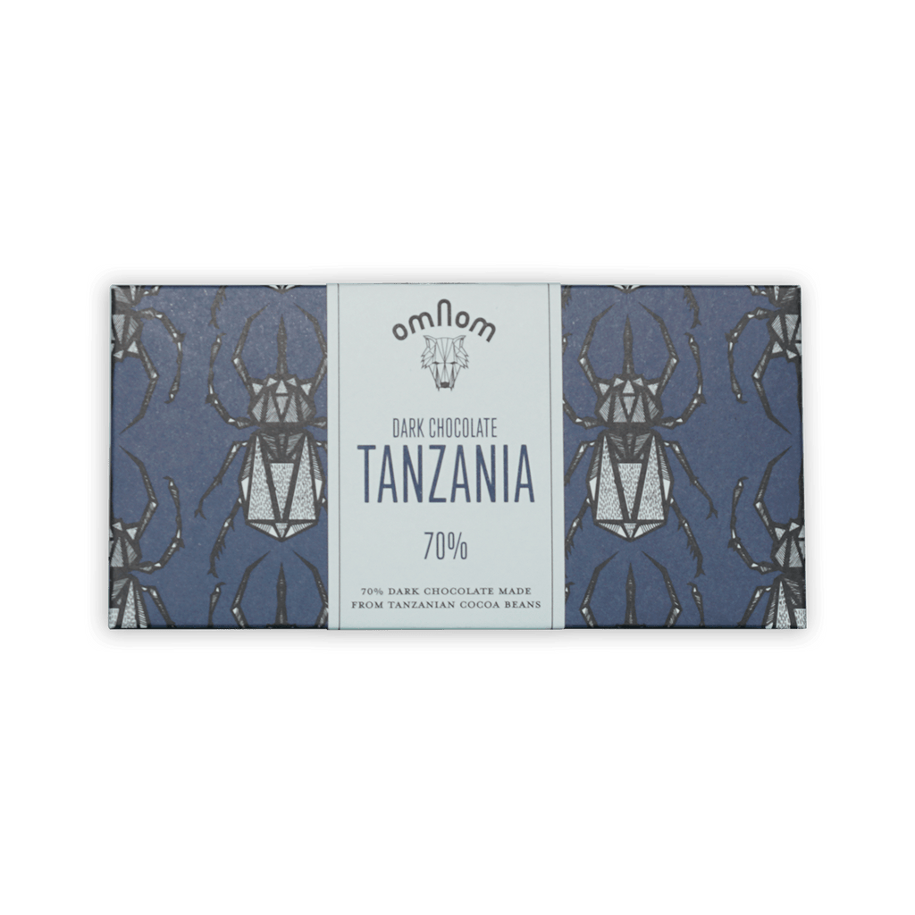 Omnom Tanzania 70% dark chocolate bar in blue beetle package