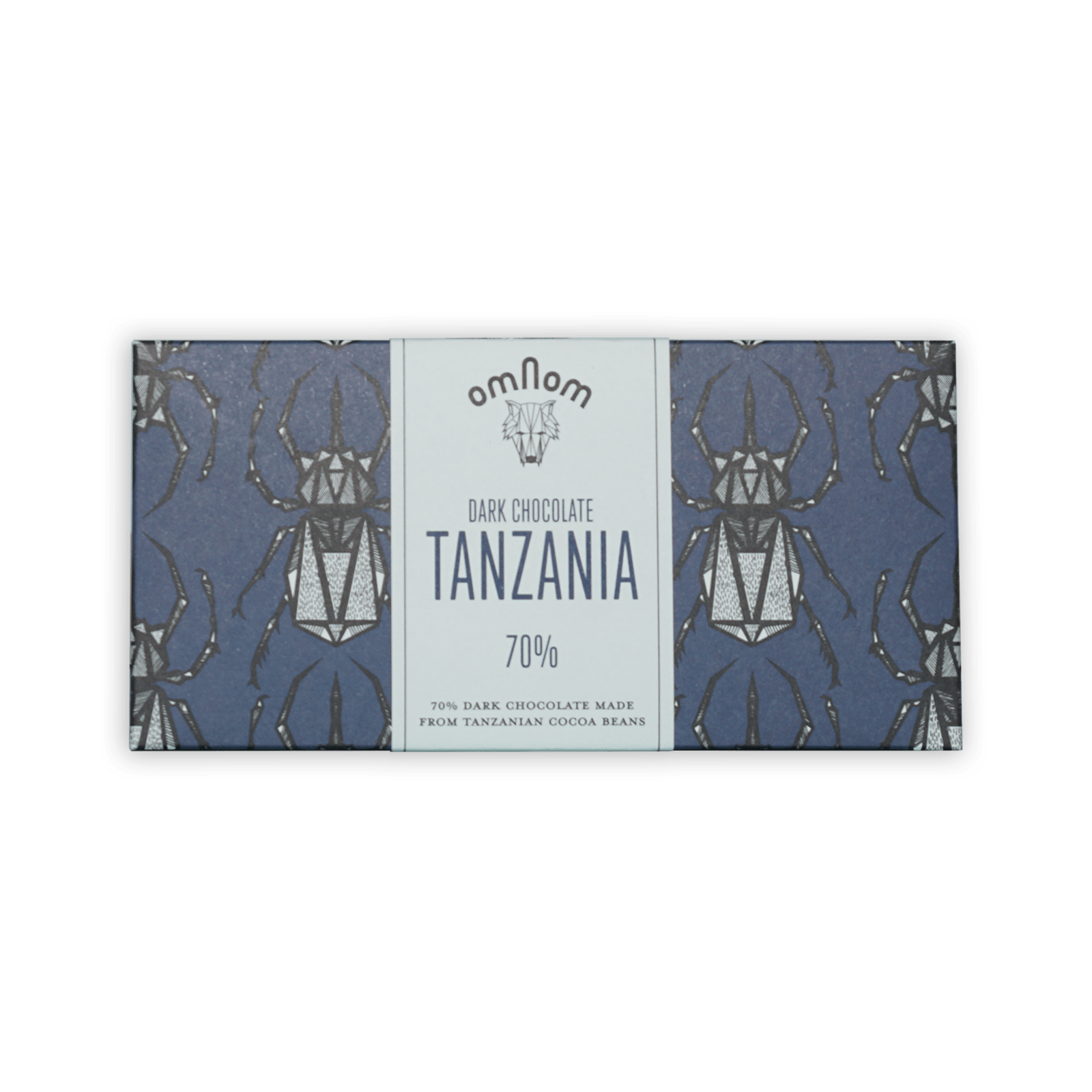 Omnom Tanzania 70% dark chocolate bar in blue beetle package