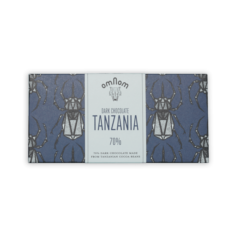 Omnom Tanzania 70% dark chocolate bar in blue beetle package