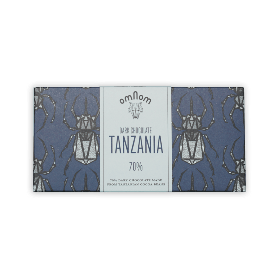 Omnom Tanzania 70% dark chocolate bar in blue beetle package