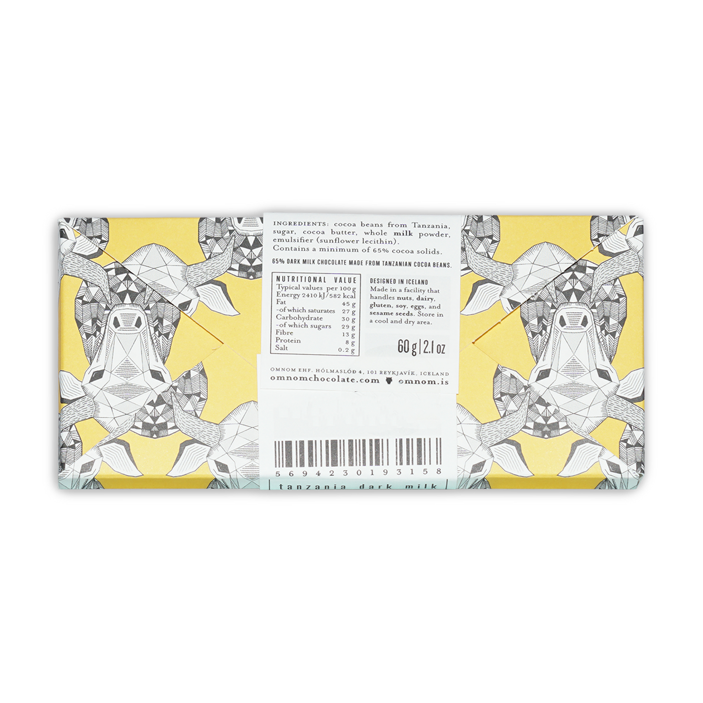 Omnom Dark Milk of Tanzania 65% bar wrapper with geometric turtle illustrations