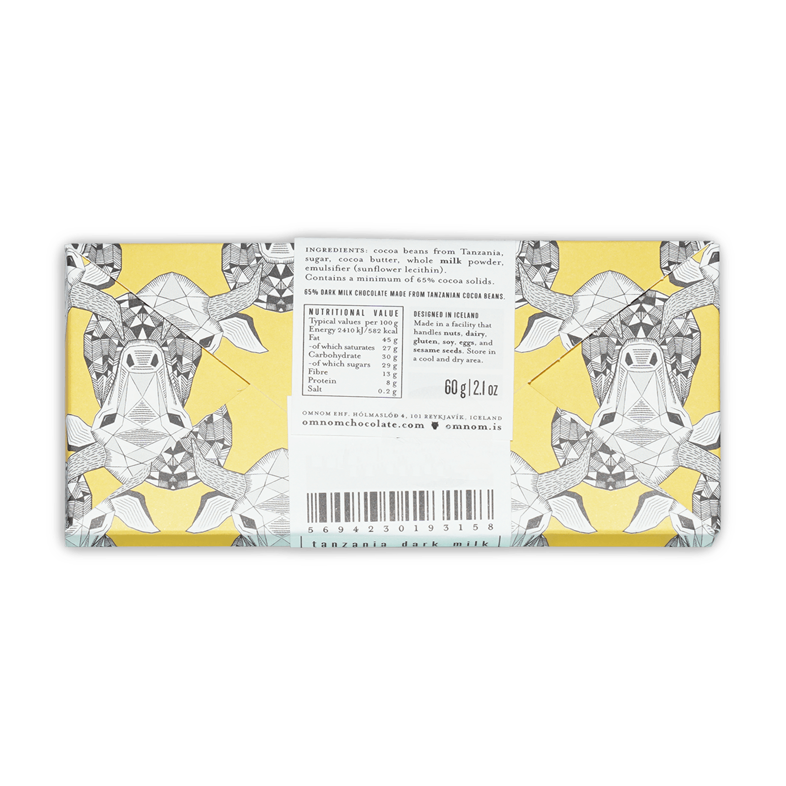 Omnom Dark Milk of Tanzania 65% bar wrapper with geometric turtle illustrations