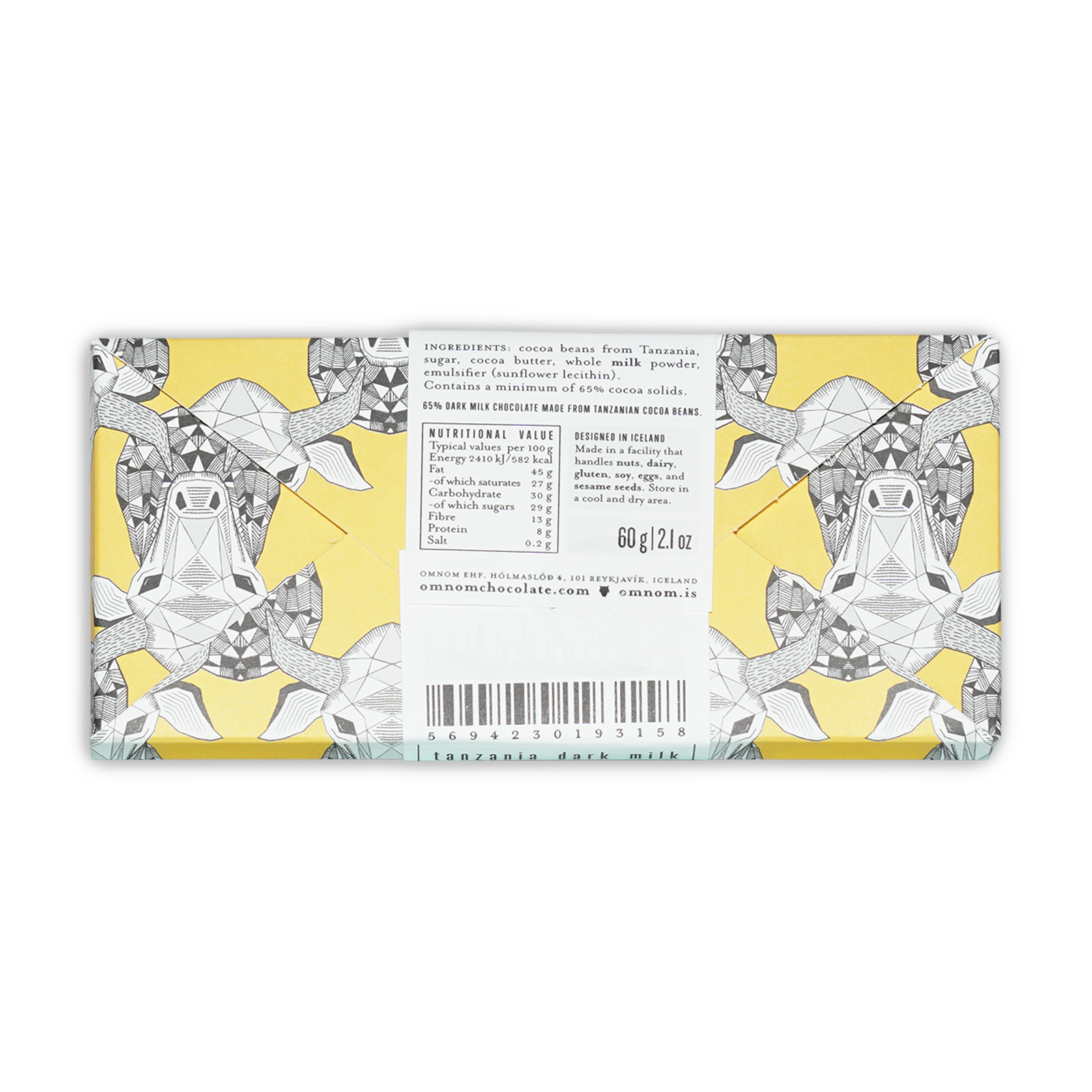 Omnom Dark Milk of Tanzania 65% bar wrapper with geometric turtle illustrations