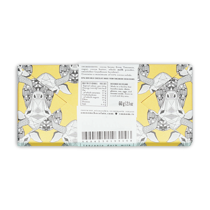 Omnom Dark Milk of Tanzania 65% bar wrapper with geometric turtle illustrations