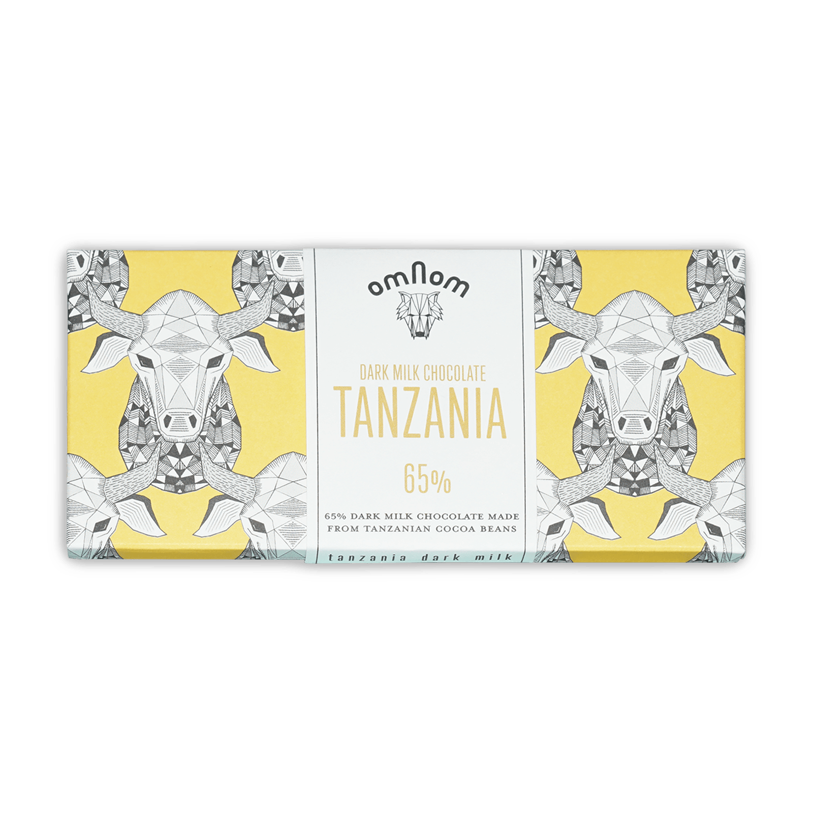 Omnom Dark Milk of Tanzania 65% yellow white bar with cow design