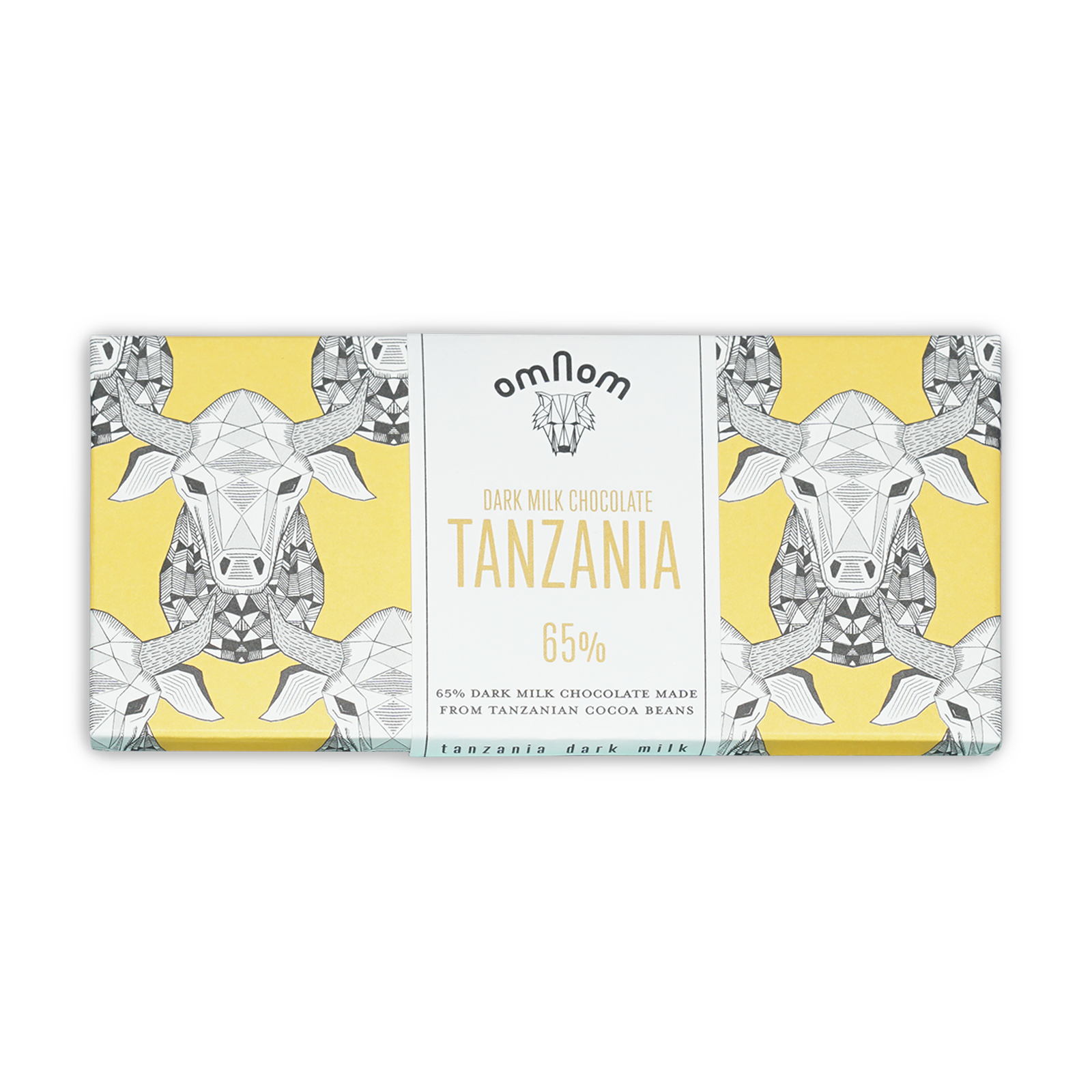 Omnom Dark Milk of Tanzania 65% yellow white bar with cow design