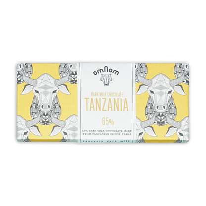 Omnom Dark Milk of Tanzania 65% yellow white bar with cow design