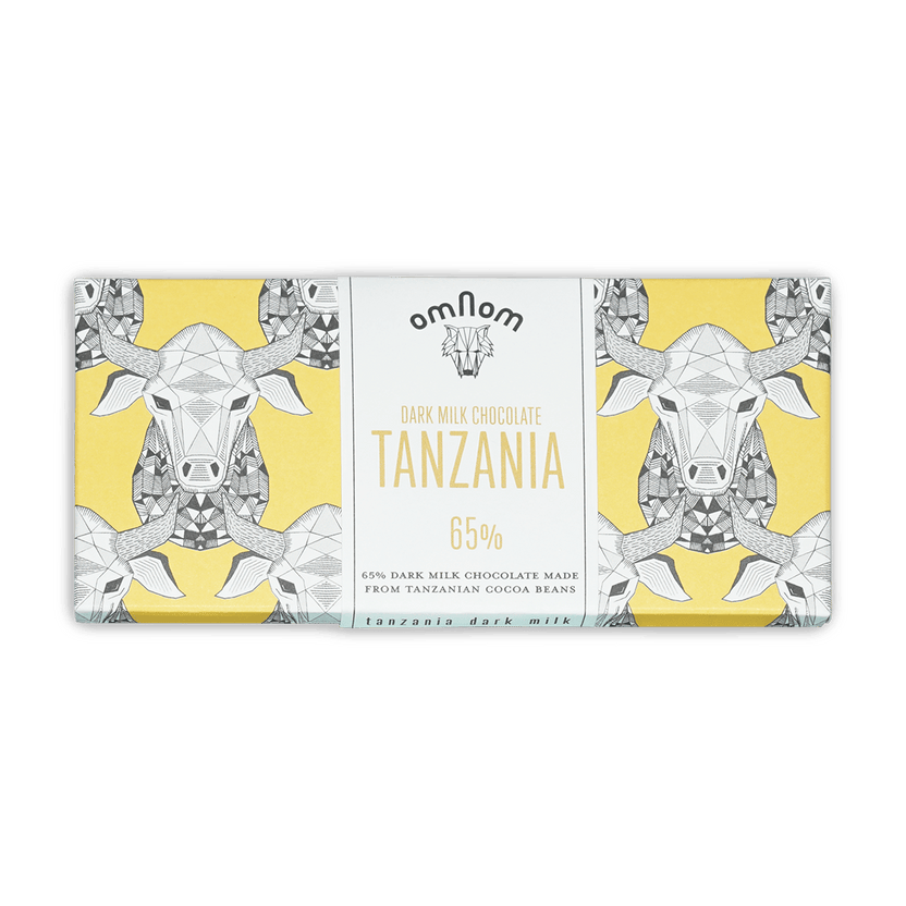 Omnom Dark Milk of Tanzania 65% yellow white bar with cow design
