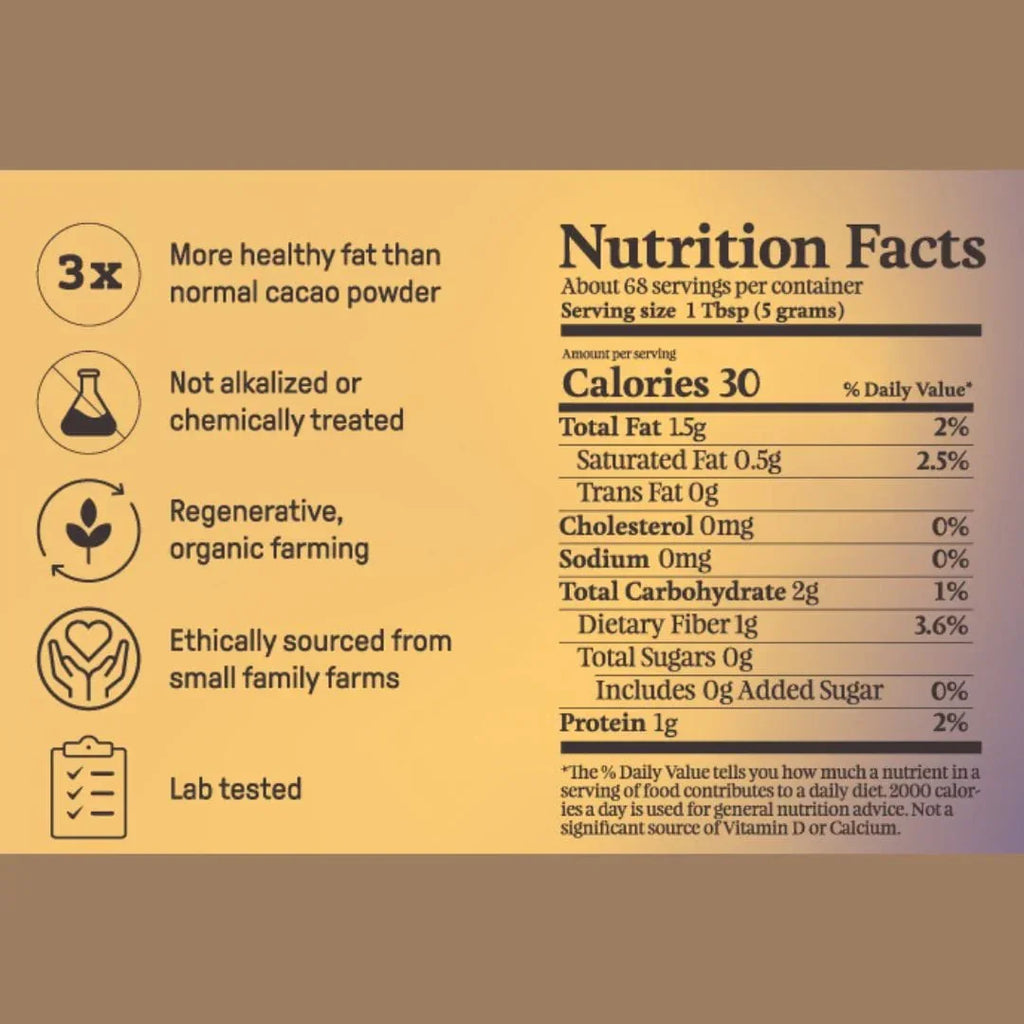 Ora Cacao Triple Fat Powder label: 3x healthy fat, no sugar or chemicals