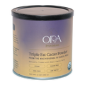 Ora triple fat cacao powder in cylindrical container with purple beige label