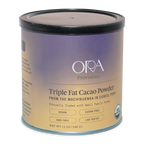 Ora triple fat cacao powder in cylindrical container with purple beige label