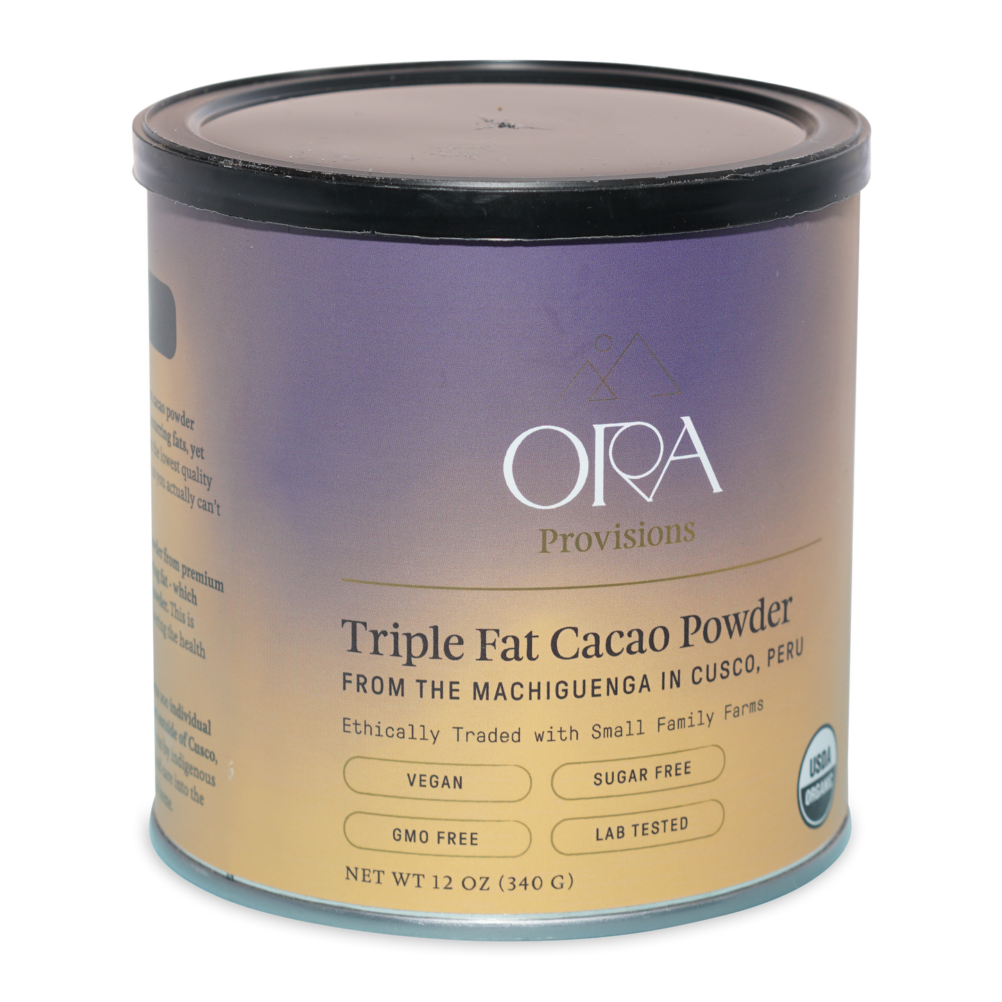 Ora triple fat cacao powder in cylindrical container with purple beige label