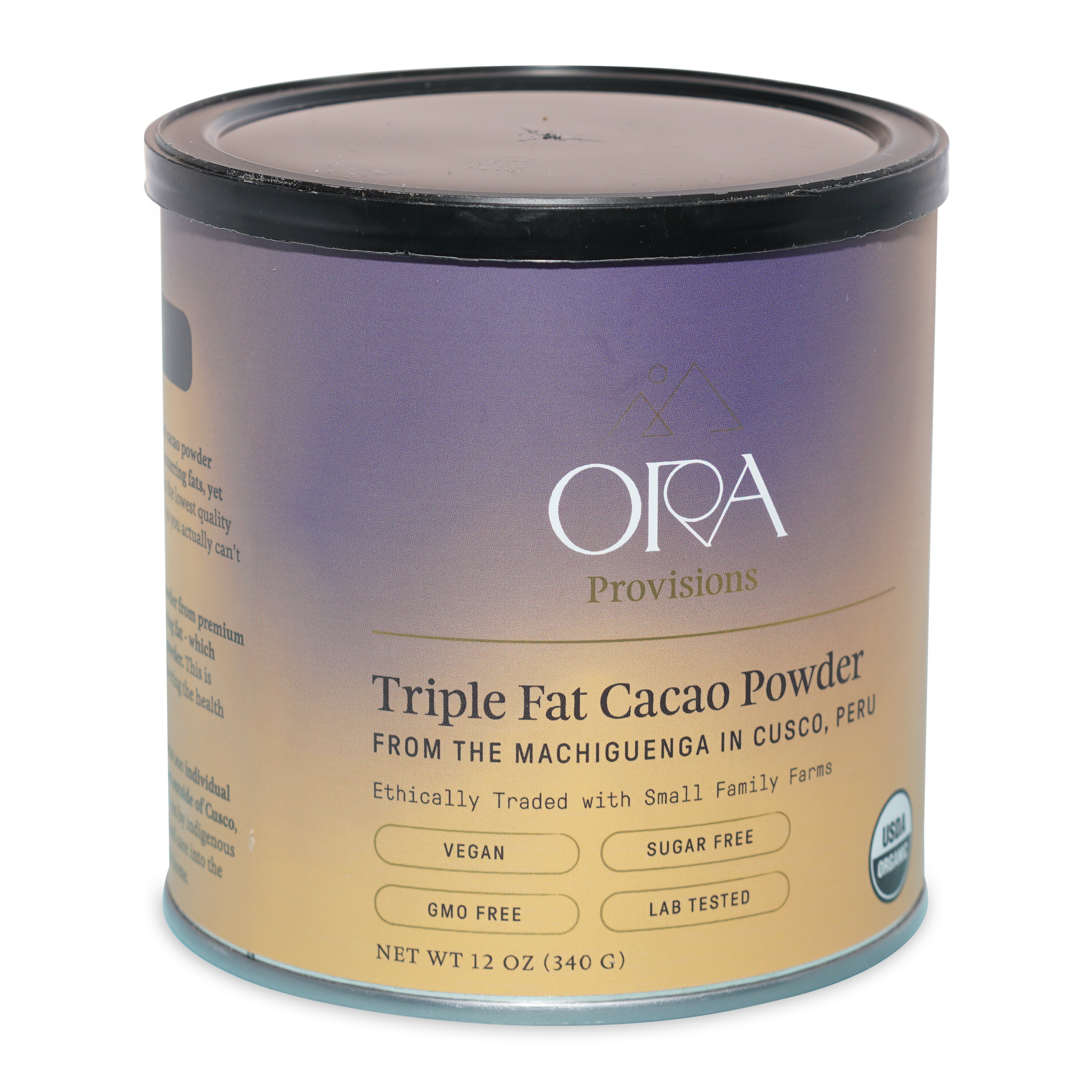 Ora triple fat cacao powder in cylindrical container with purple beige label