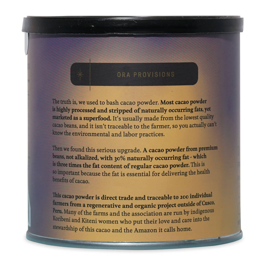 Ora Provisions Cacao Triple Fat Powder 100% in purple-orange gradient can