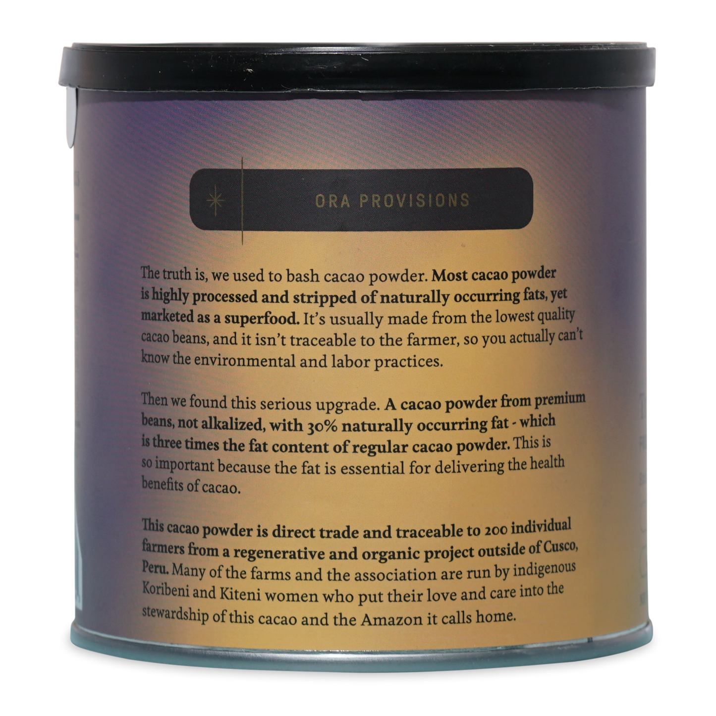 Ora Provisions Cacao Triple Fat Powder 100% in purple-orange gradient can