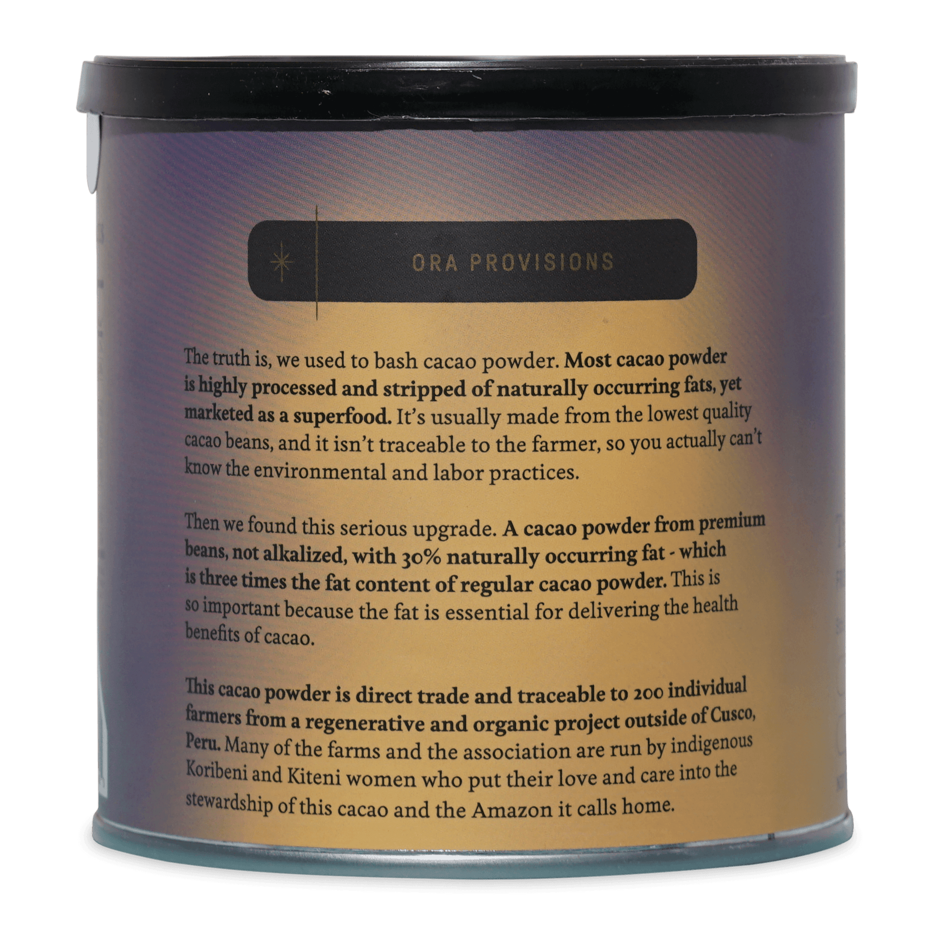 Ora Provisions Cacao Triple Fat Powder 100% in purple-orange gradient can
