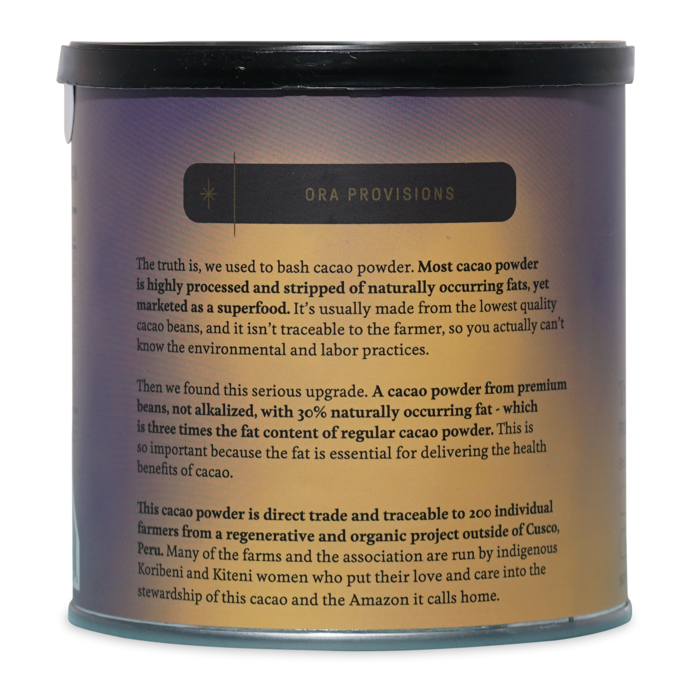 Ora Provisions Cacao Triple Fat Powder 100% in purple-orange gradient can