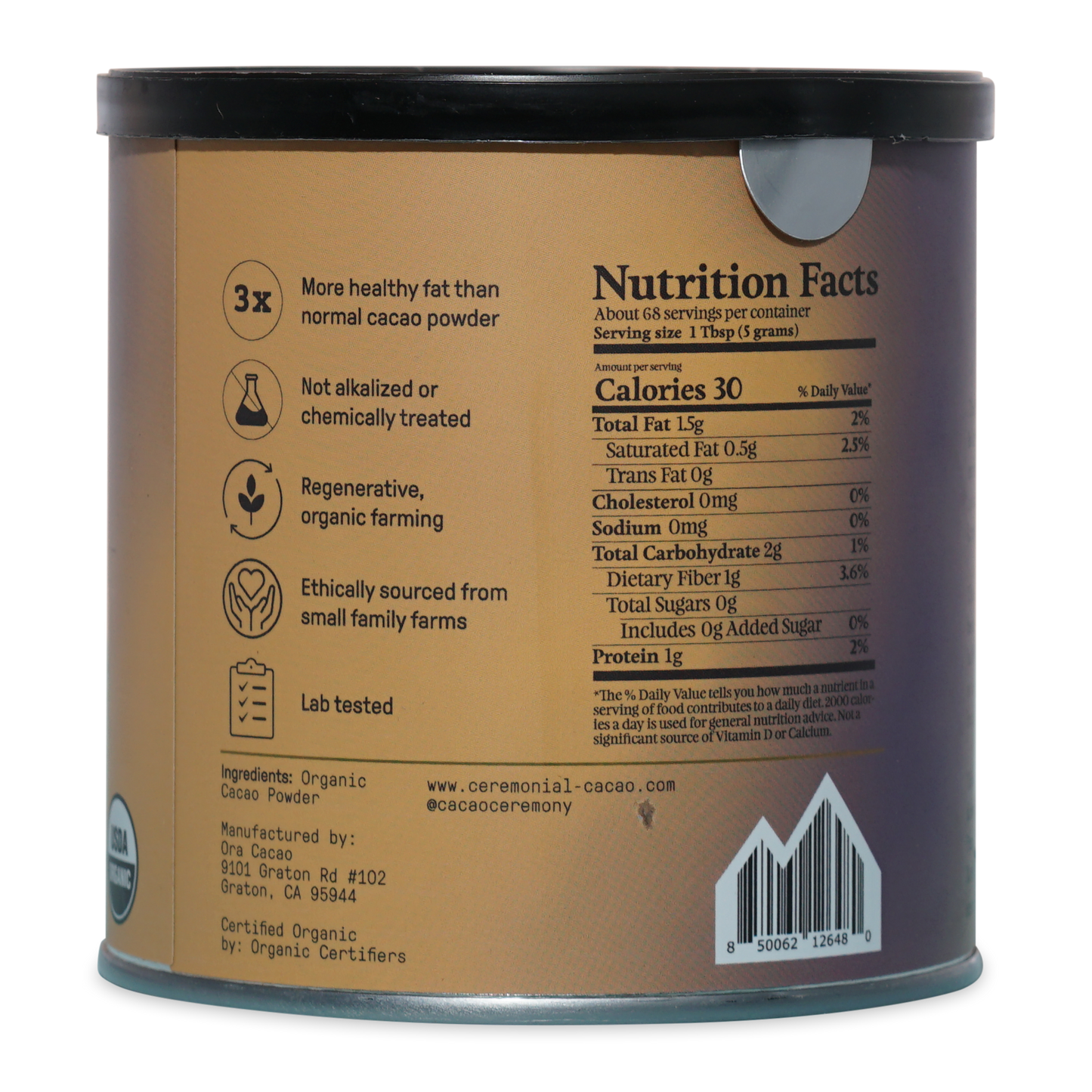 Ora Cacao Triple Fat 100% cacao powder jar with matte tan label and black lid