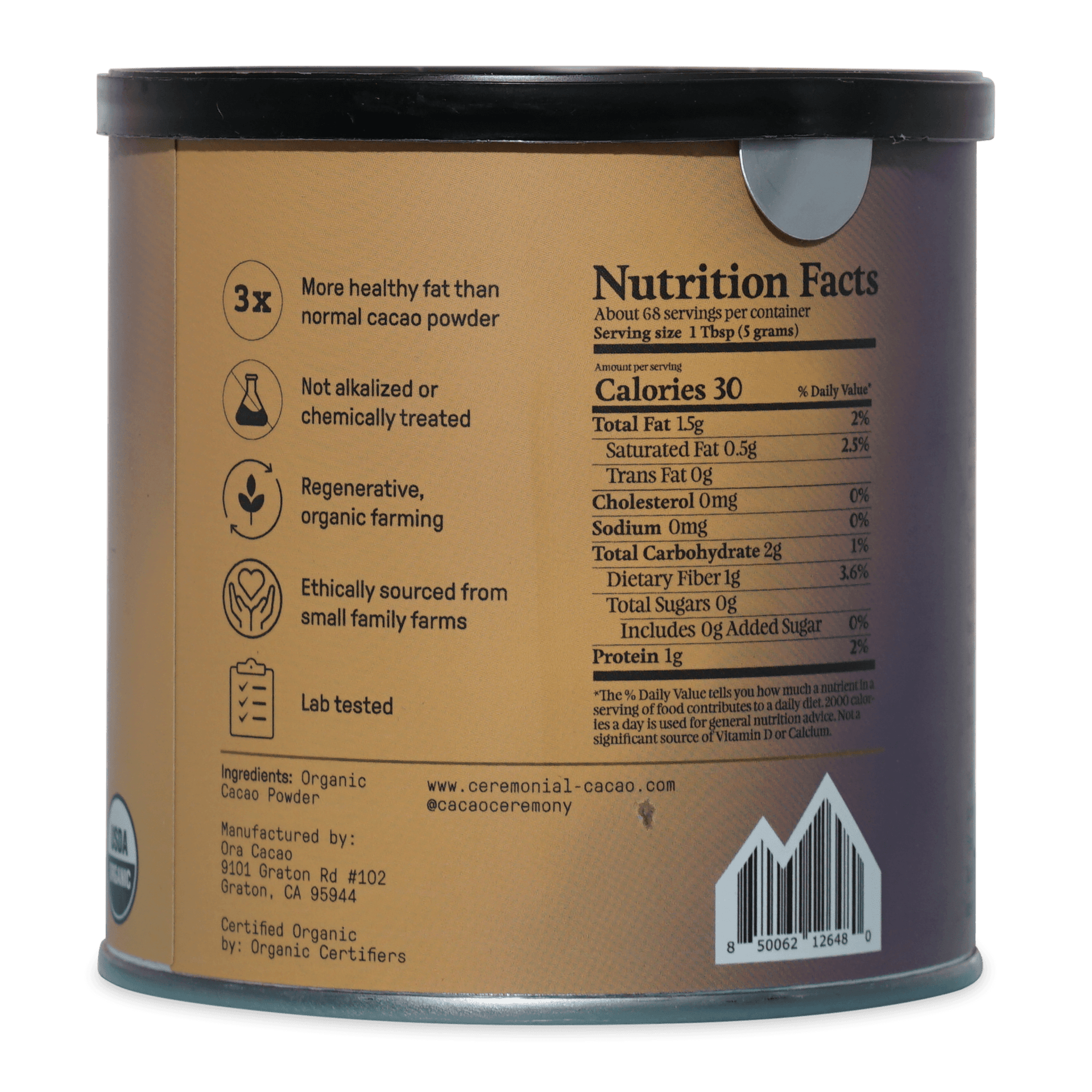 Ora Cacao Triple Fat 100% cacao powder jar with matte tan label and black lid