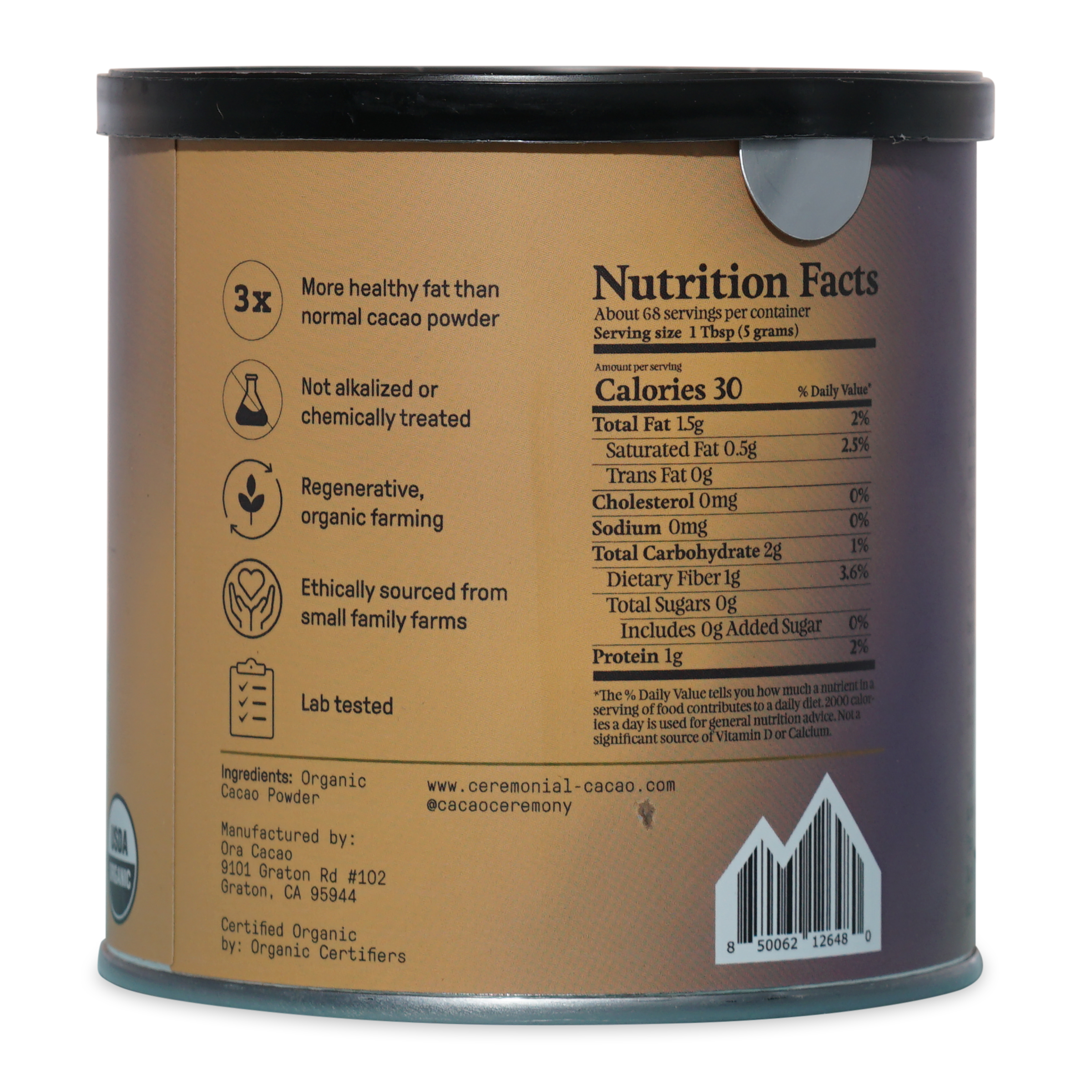 Ora Cacao Triple Fat 100% cacao powder jar with matte tan label and black lid