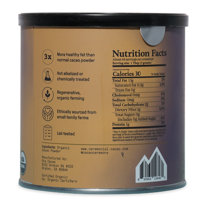 Ora Cacao Triple Fat 100% cacao powder jar with matte tan label and black lid