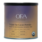 Ora triple fat cacao powder in sleek metallic tin with purple-to-gold label