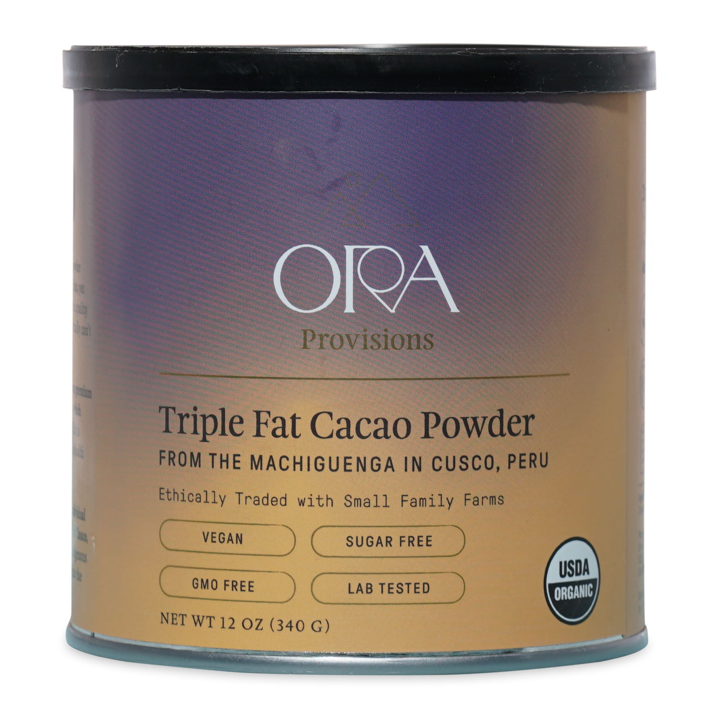 Ora triple fat cacao powder in sleek metallic tin with purple-to-gold label