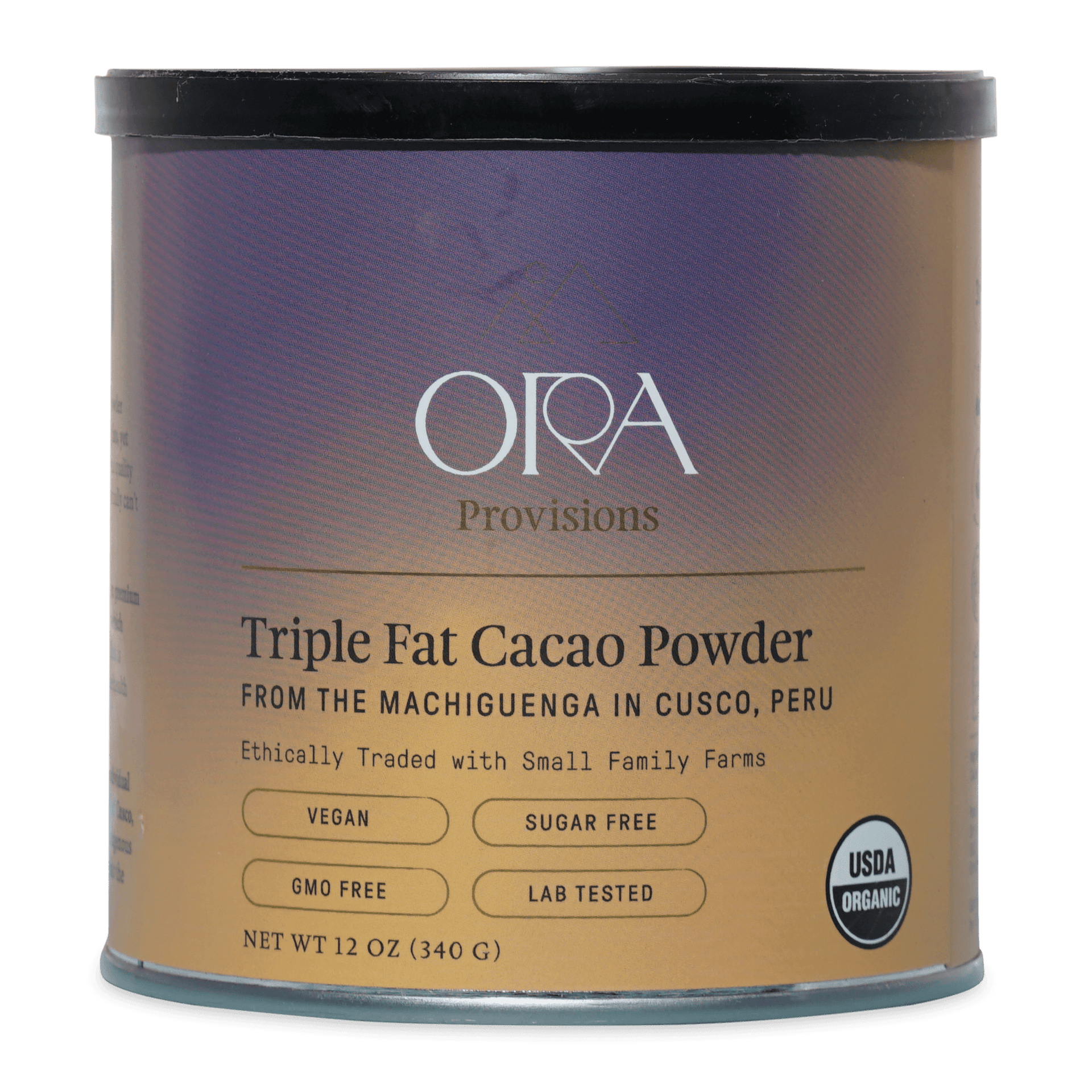 Ora triple fat cacao powder in sleek metallic tin with purple-to-gold label