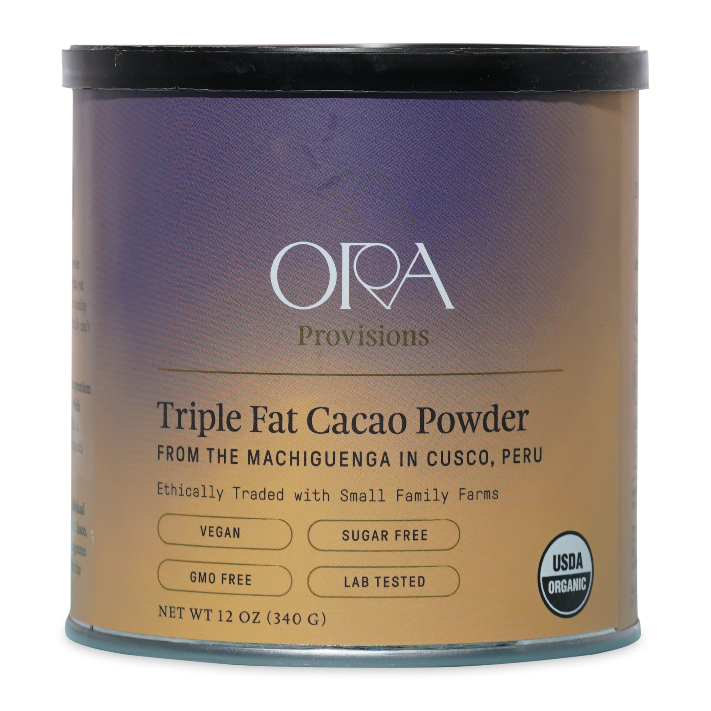 Ora triple fat cacao powder in sleek metallic tin with purple-to-gold label