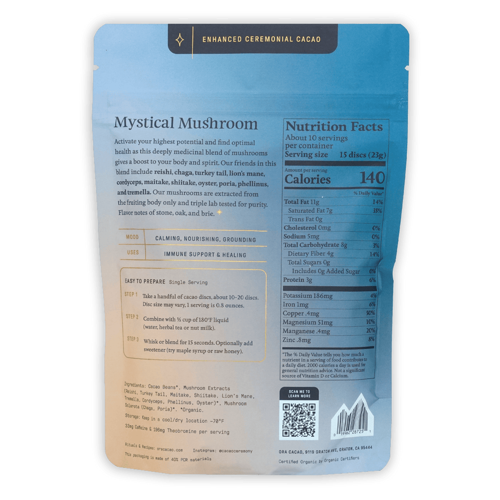 Ora Ceremonial Cacao Mystical Mushroom blue pouch with ingredients