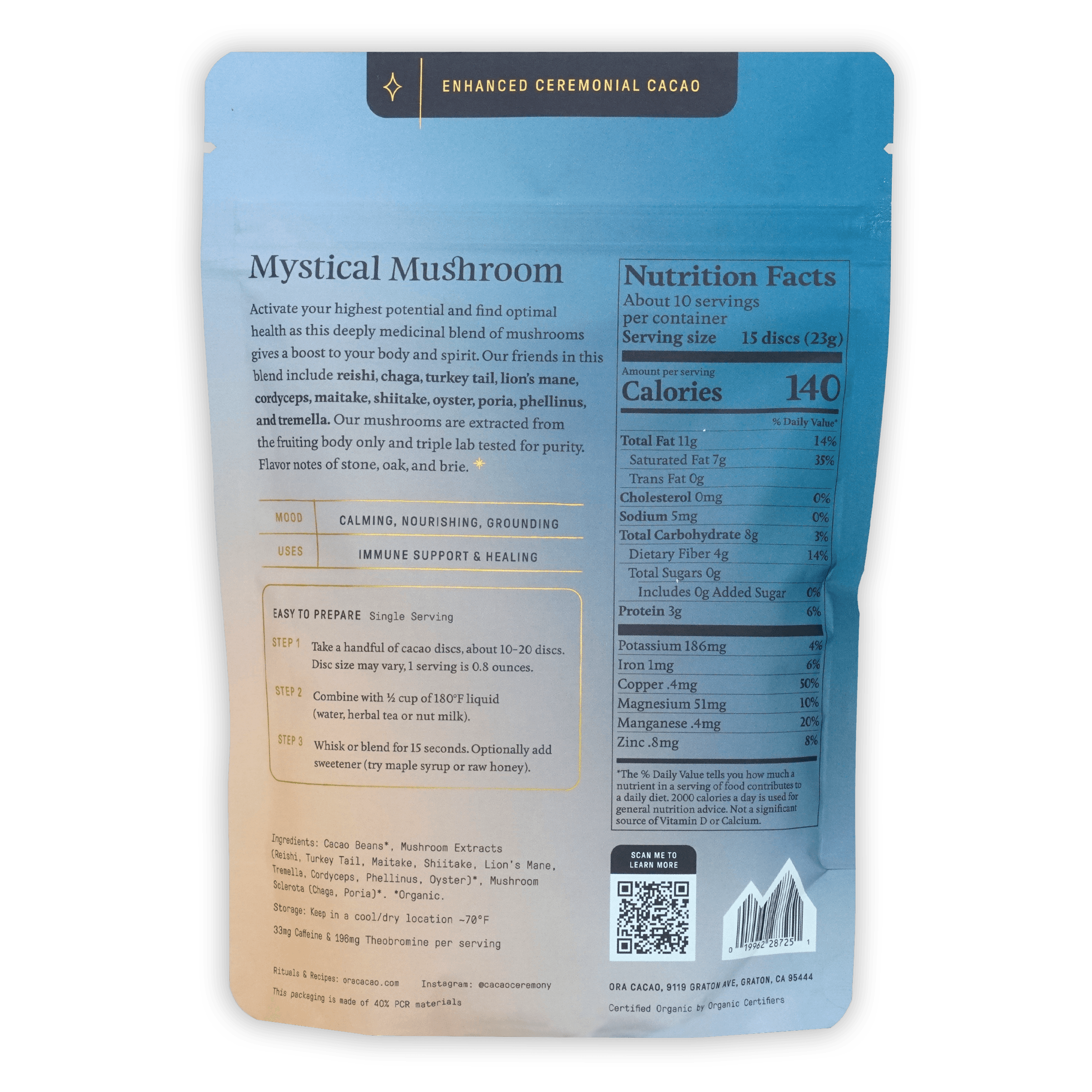 Ora Ceremonial Cacao Mystical Mushroom blue pouch with ingredients