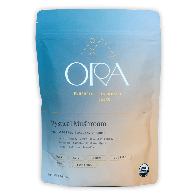 Ora Mystical Mushroom ceremonial cacao resealable pouch