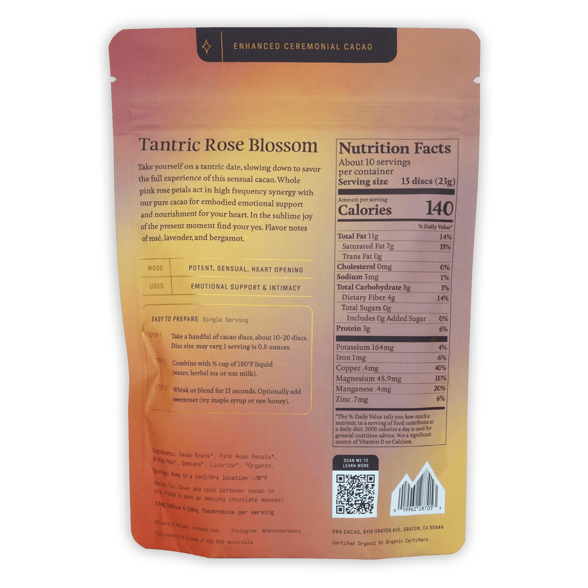 Ora Ceremonial Cacao Tantric Rose Blossom in peach pouch