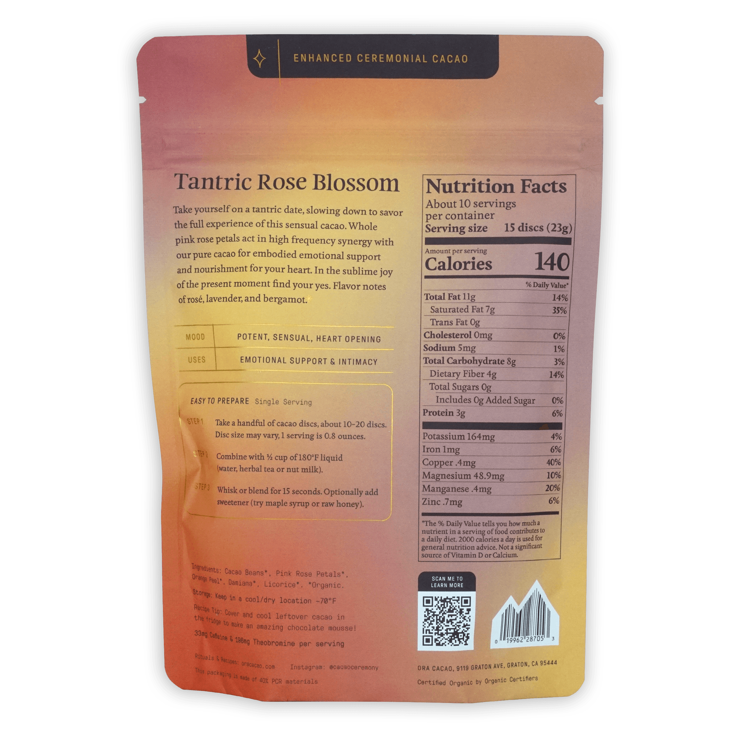Ora Ceremonial Cacao Tantric Rose Blossom in peach pouch