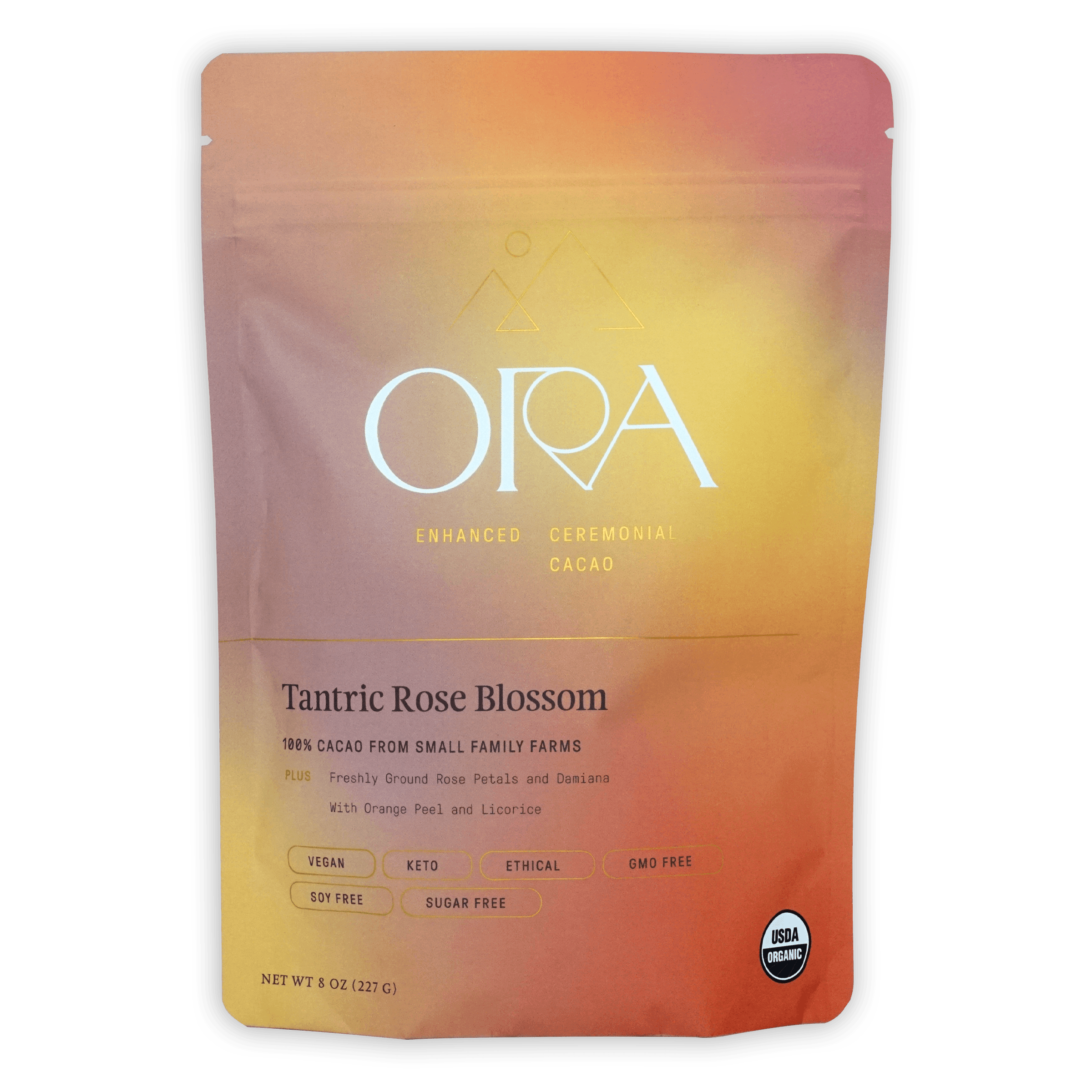 Ora Tantric Rose Blossom Cacao pouch in vibrant peach-to-orange gradient