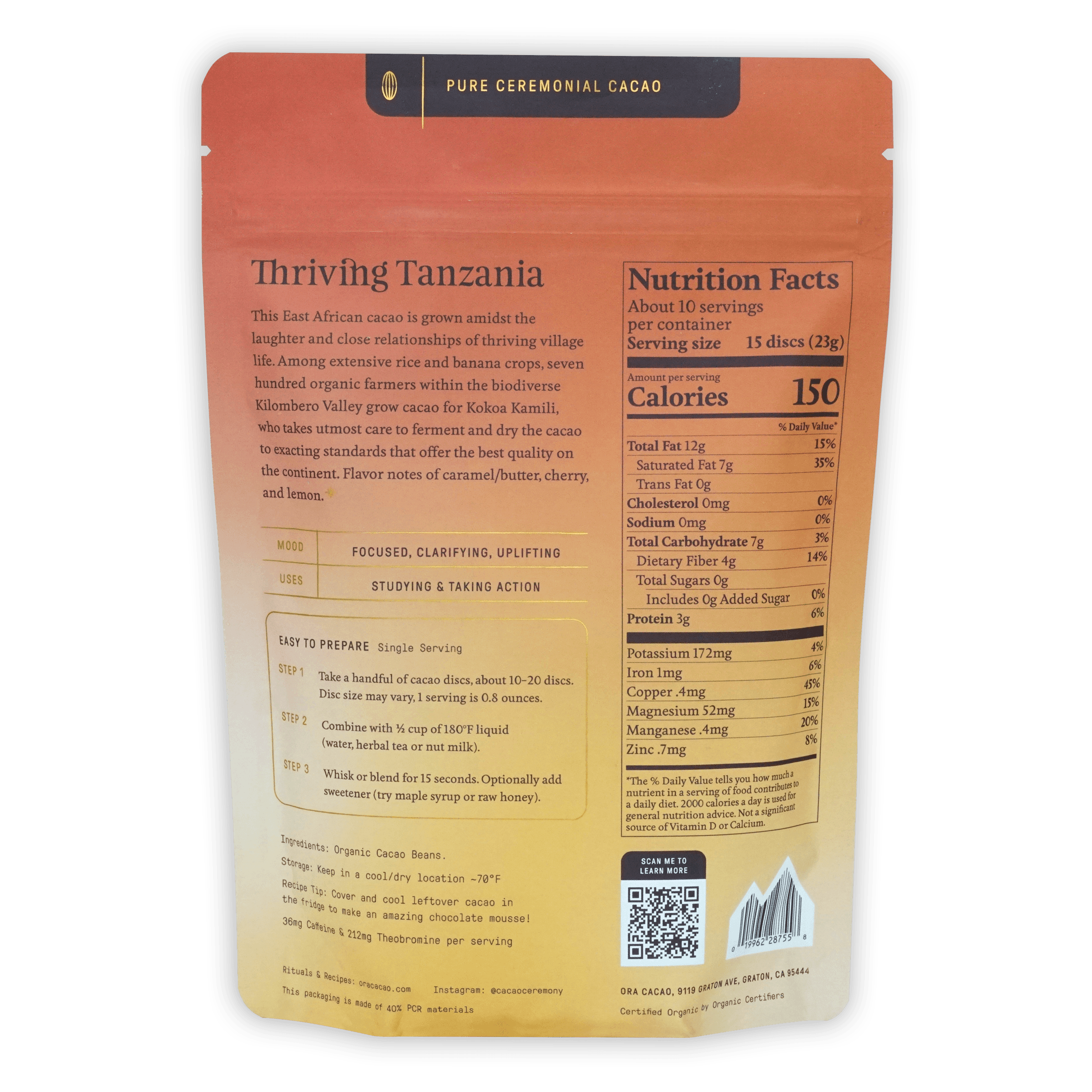 Ora Ceremonial Cacao Thriving Tanzania 100% orange matte pouch with nutrition facts