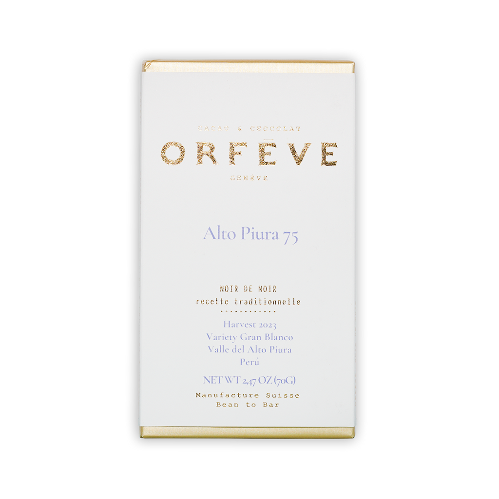 Orfeve Dark Alto Piura Peru 75% white chocolate bar wrapper