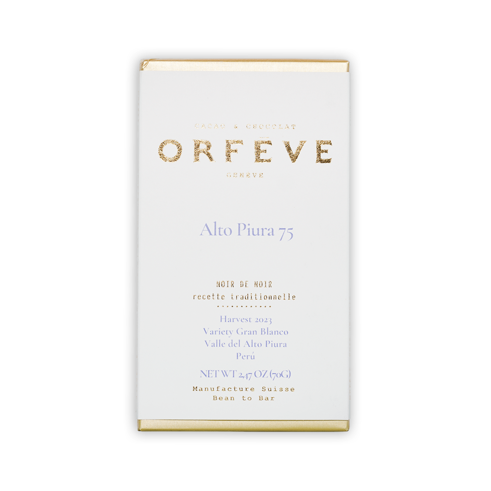 Orfeve Dark Alto Piura Peru 75% white chocolate bar wrapper