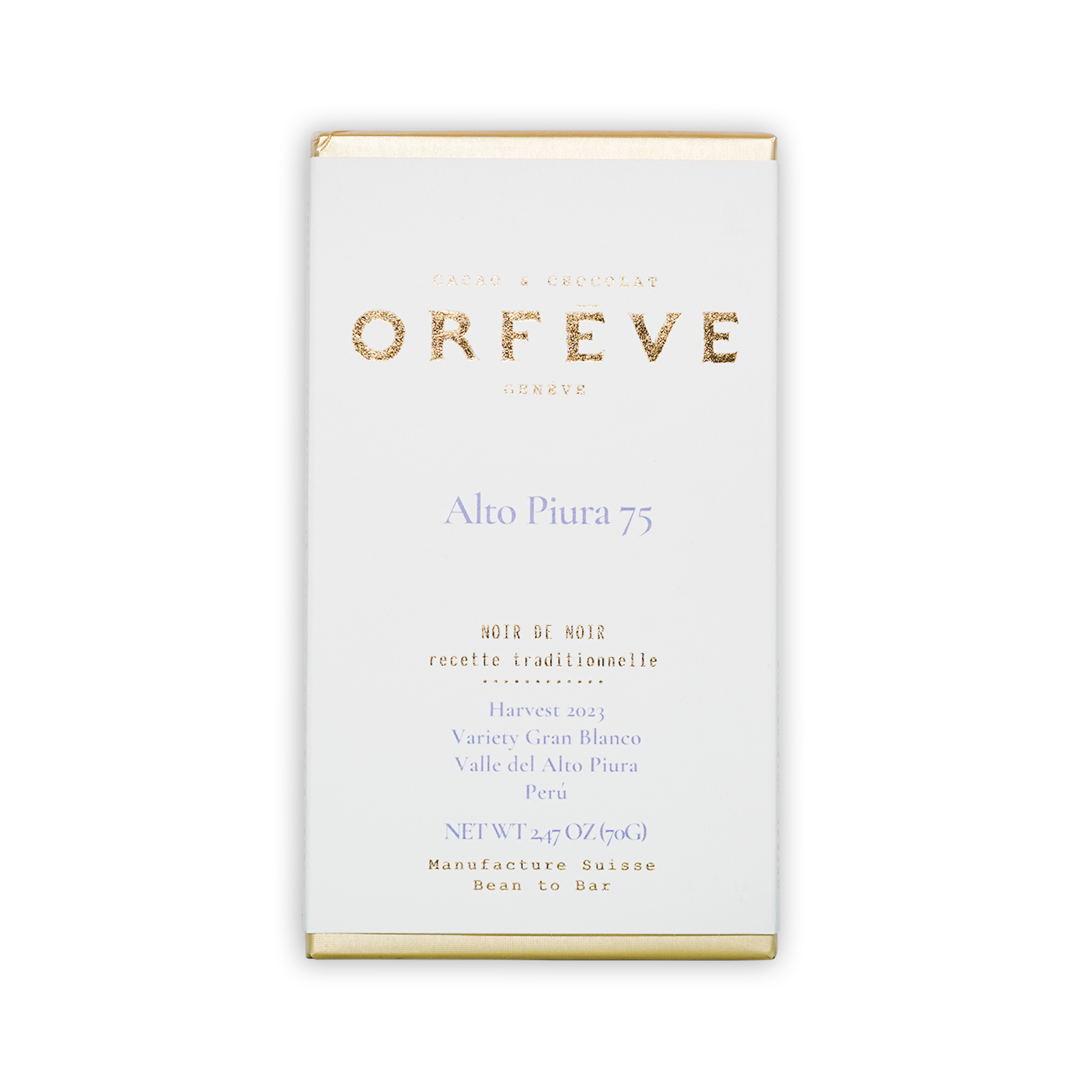 Orfeve Dark Alto Piura Peru 75% white chocolate bar wrapper