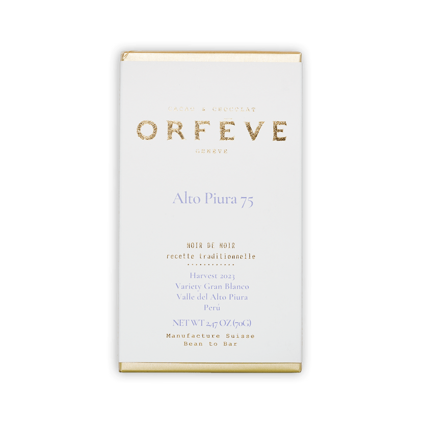 Orfeve Dark Alto Piura Peru 75% white chocolate bar wrapper