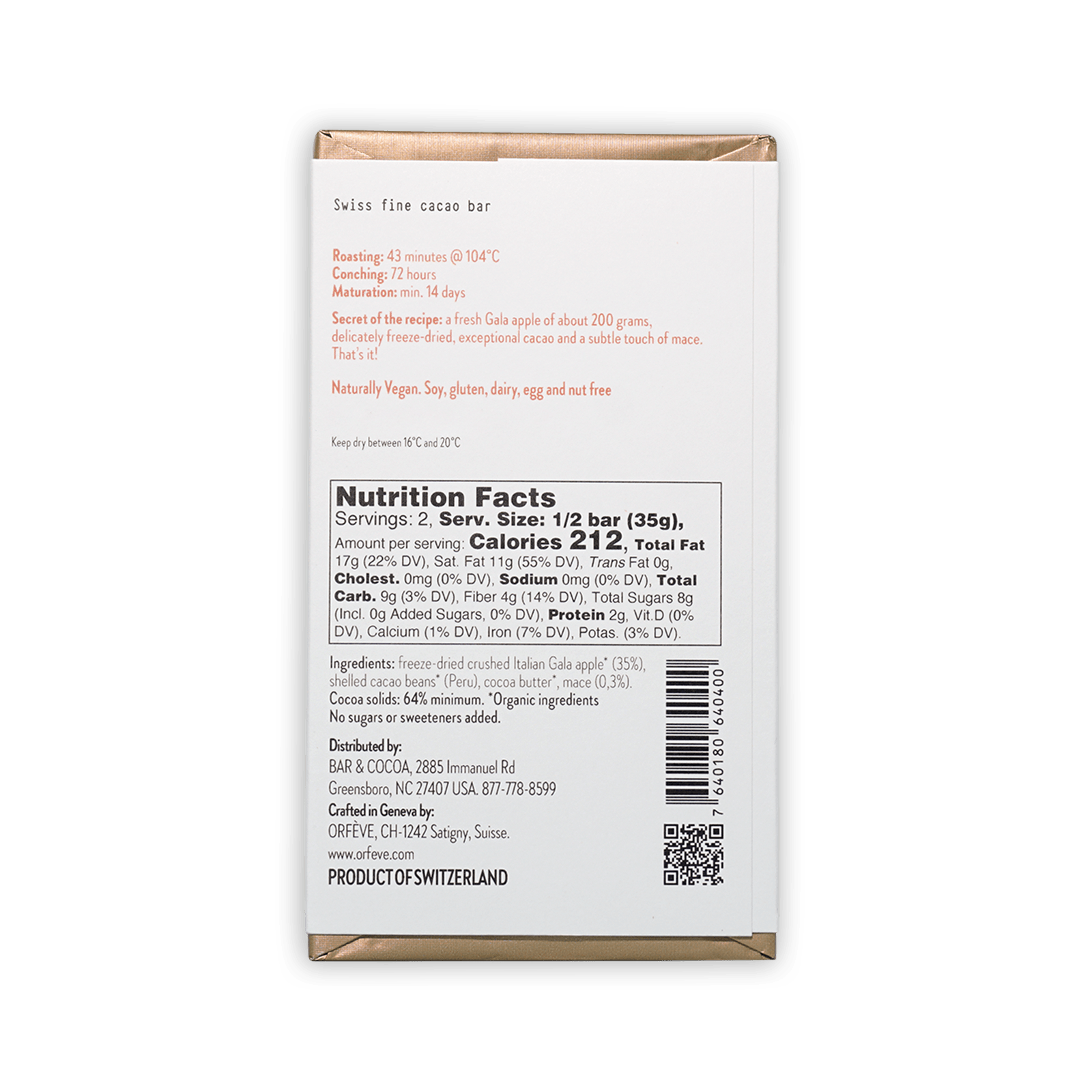 Orfeve Dark w/ Apple & Mace 64% cacao bar in white box with gold accents