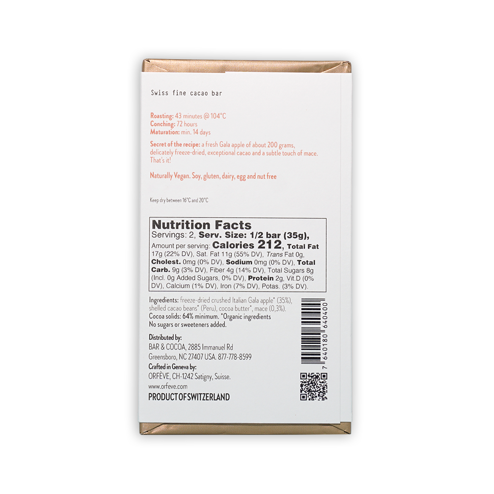 Orfeve Dark w/ Apple & Mace 64% cacao bar in white box with gold accents