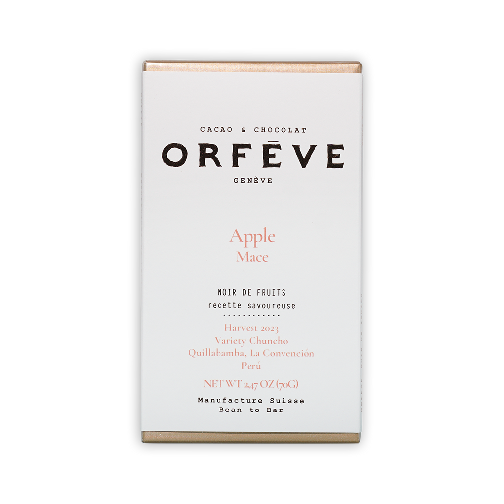 Orfeve Genève dark chocolate bar box with apple mace flavor, no added sugar
