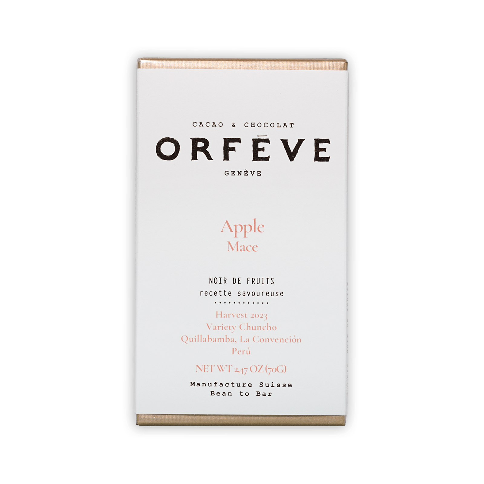 Orfeve Genève dark chocolate bar box with apple mace flavor, no added sugar