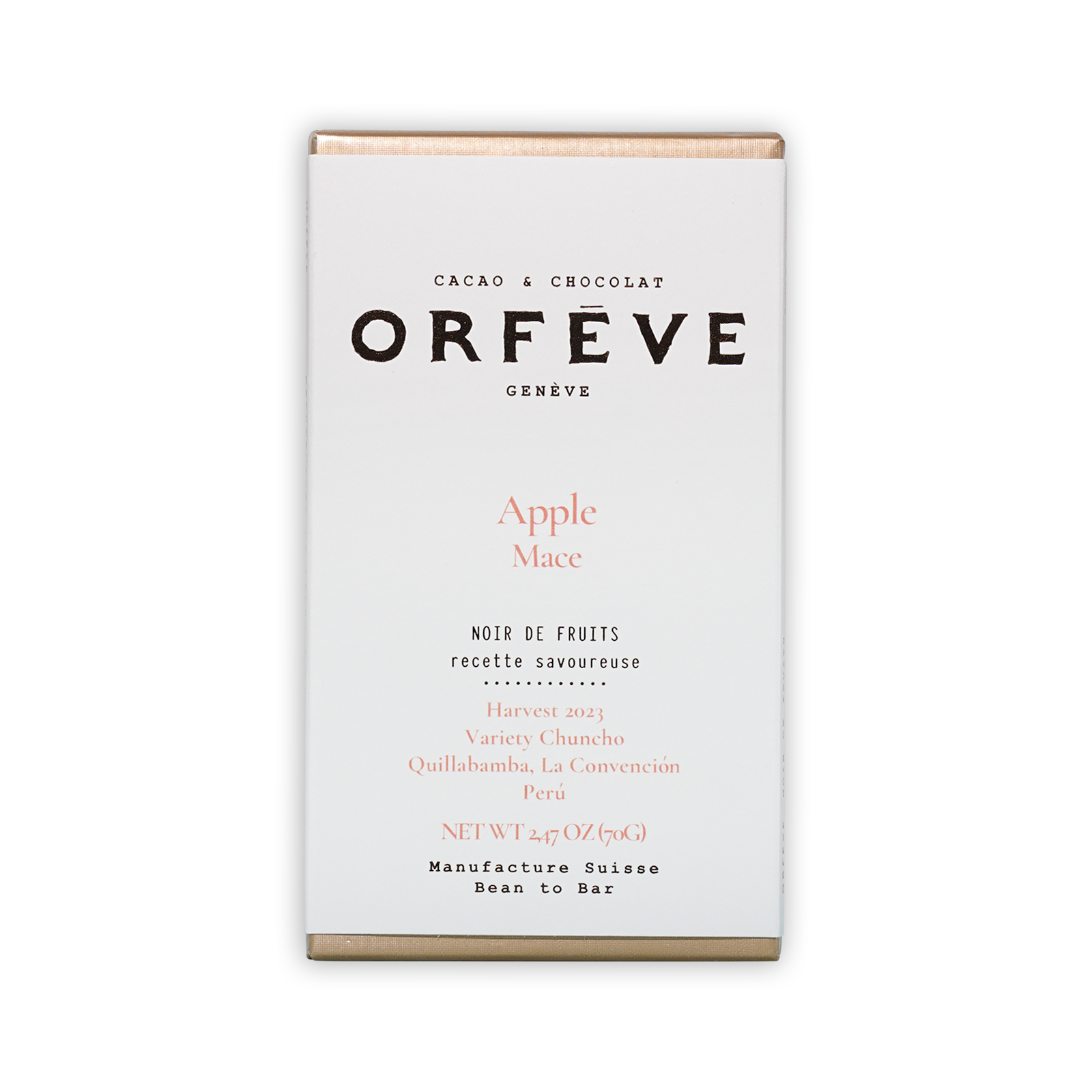 Orfeve Genève dark chocolate bar box with apple mace flavor, no added sugar