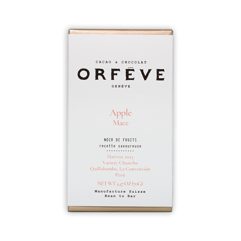 Orfeve Genève dark chocolate bar box with apple mace flavor, no added sugar