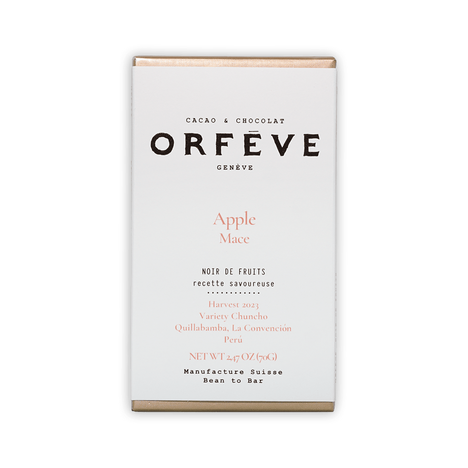 Orfeve Genève dark chocolate bar box with apple mace flavor, no added sugar