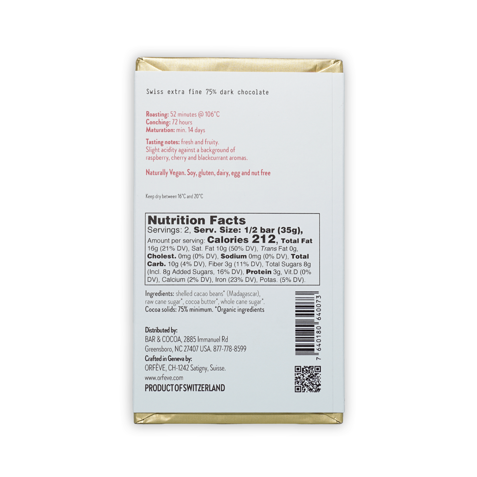 Orfeve Dark Bejofo Madagascar 75% Swiss extra fine dark chocolate bar